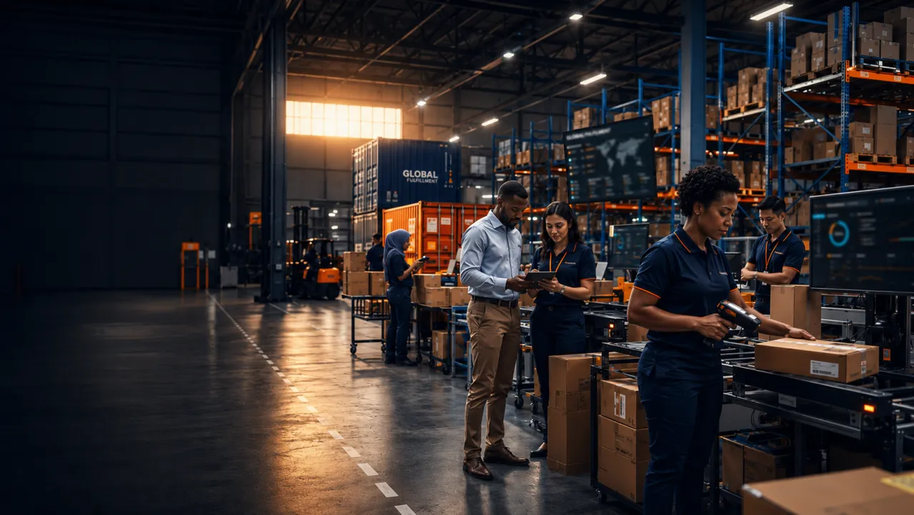 Modern logistics fulfillment center with warehouse staff managing parcels, inventory, and e-commerce operations.